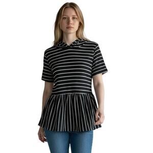 Lane Bryant Womens Knit Top 10/12 Black White Striped Hoodie Peplum Short Sleeve